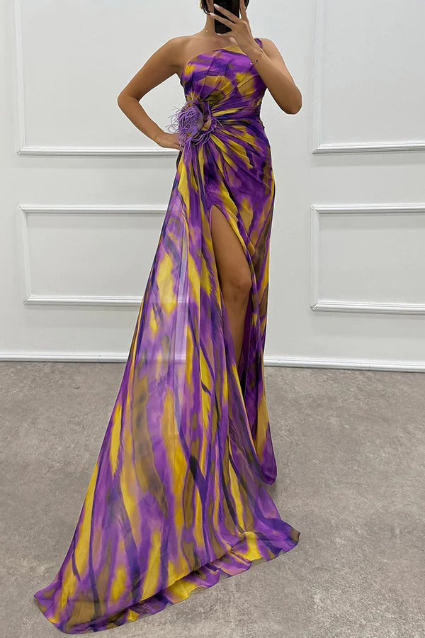 Seraphine | Women's Chiffon One-Shoulder Feather-Trim Maxi Dress