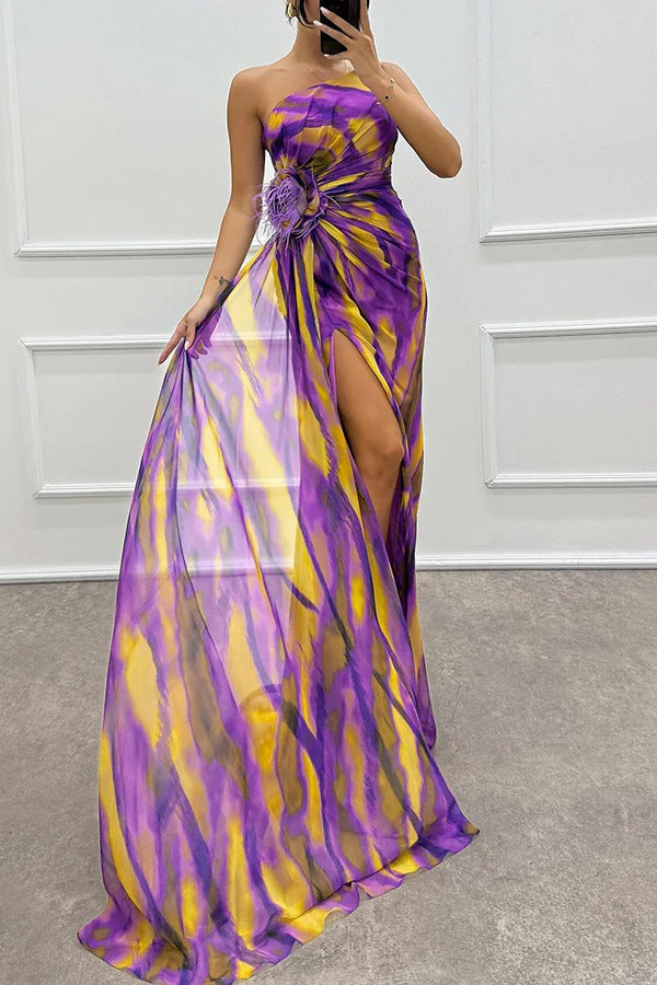 Seraphine | Women's Chiffon One-Shoulder Feather-Trim Maxi Dress