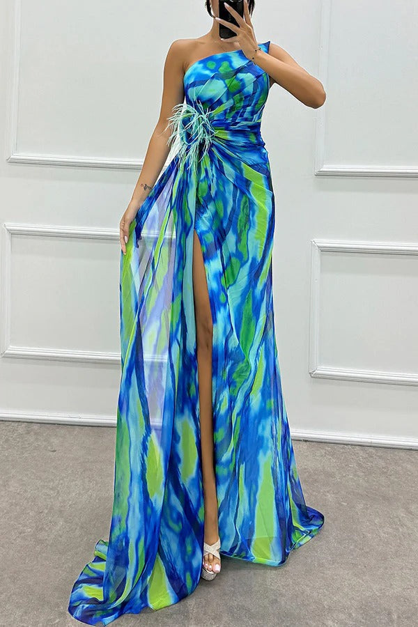 Seraphine | Women's Chiffon One-Shoulder Feather-Trim Maxi Dress