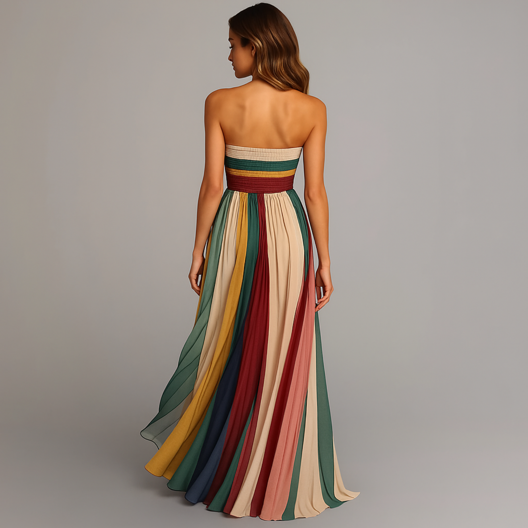 Seren | Women's Chiffon Multicolor Stripe Strapless Maxi Dress