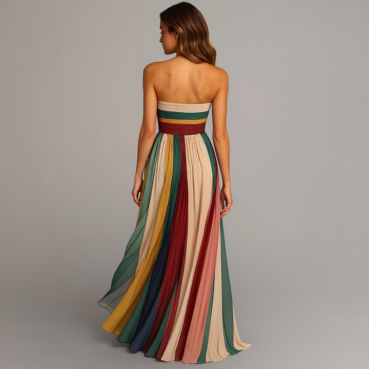 Seren | Women's Chiffon Multicolor Stripe Strapless Maxi Dress