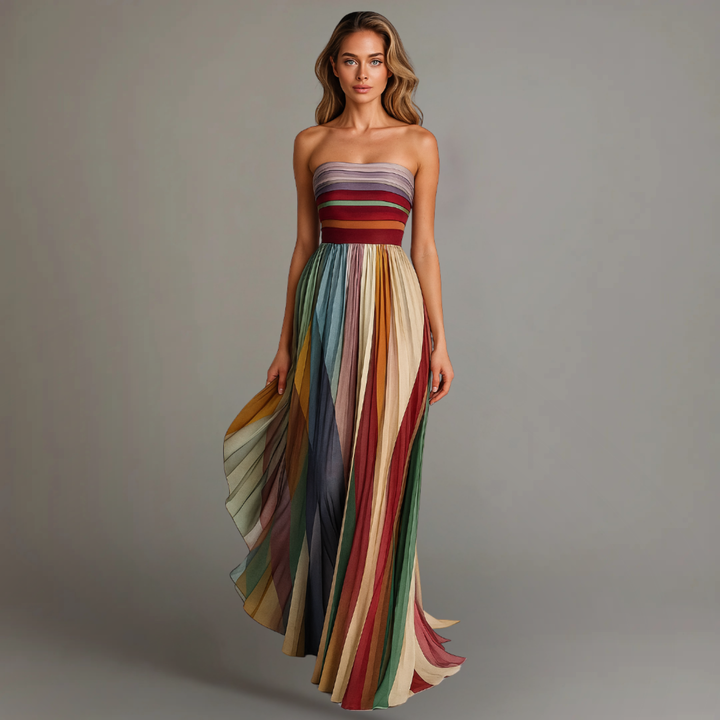 Seren | Women's Chiffon Multicolor Stripe Strapless Maxi Dress