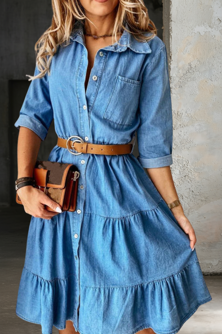 Sienna | Women's Cotton Denim Button-Down Tiered Midi Dress