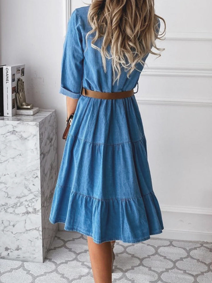 Sienna | Women's Cotton Denim Button-Down Tiered Midi Dress
