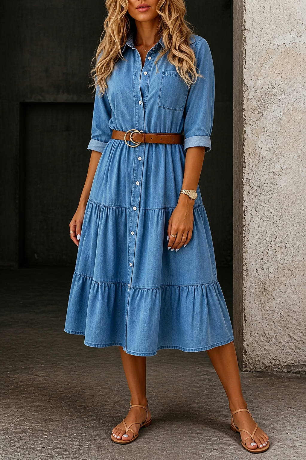 Sienna | Women's Cotton Denim Button-Down Tiered Midi Dress