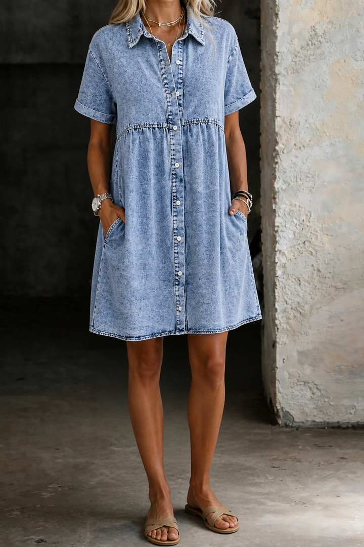Sienna | Women's Denim Button-Down Babydoll Mini Dress Casual