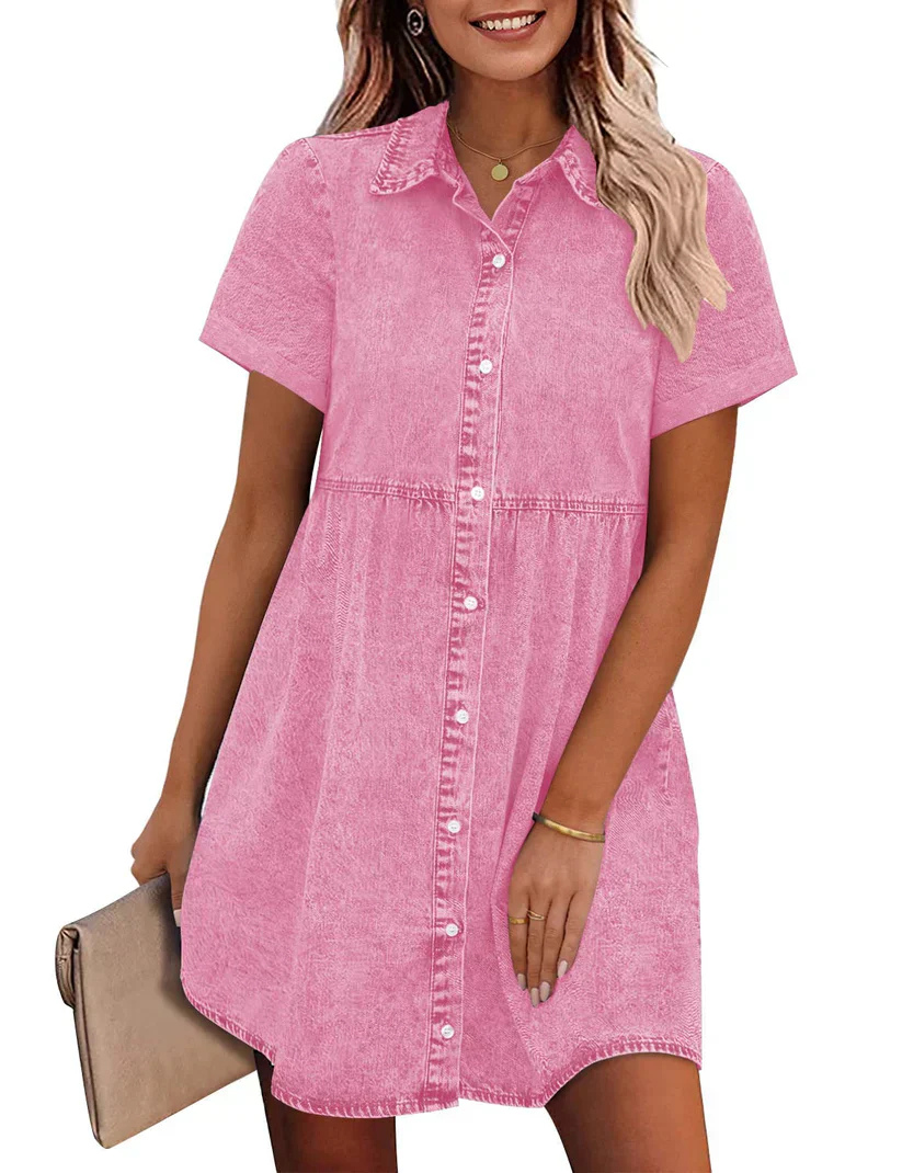 Sienna | Women's Denim Button-Down Babydoll Mini Dress Casual