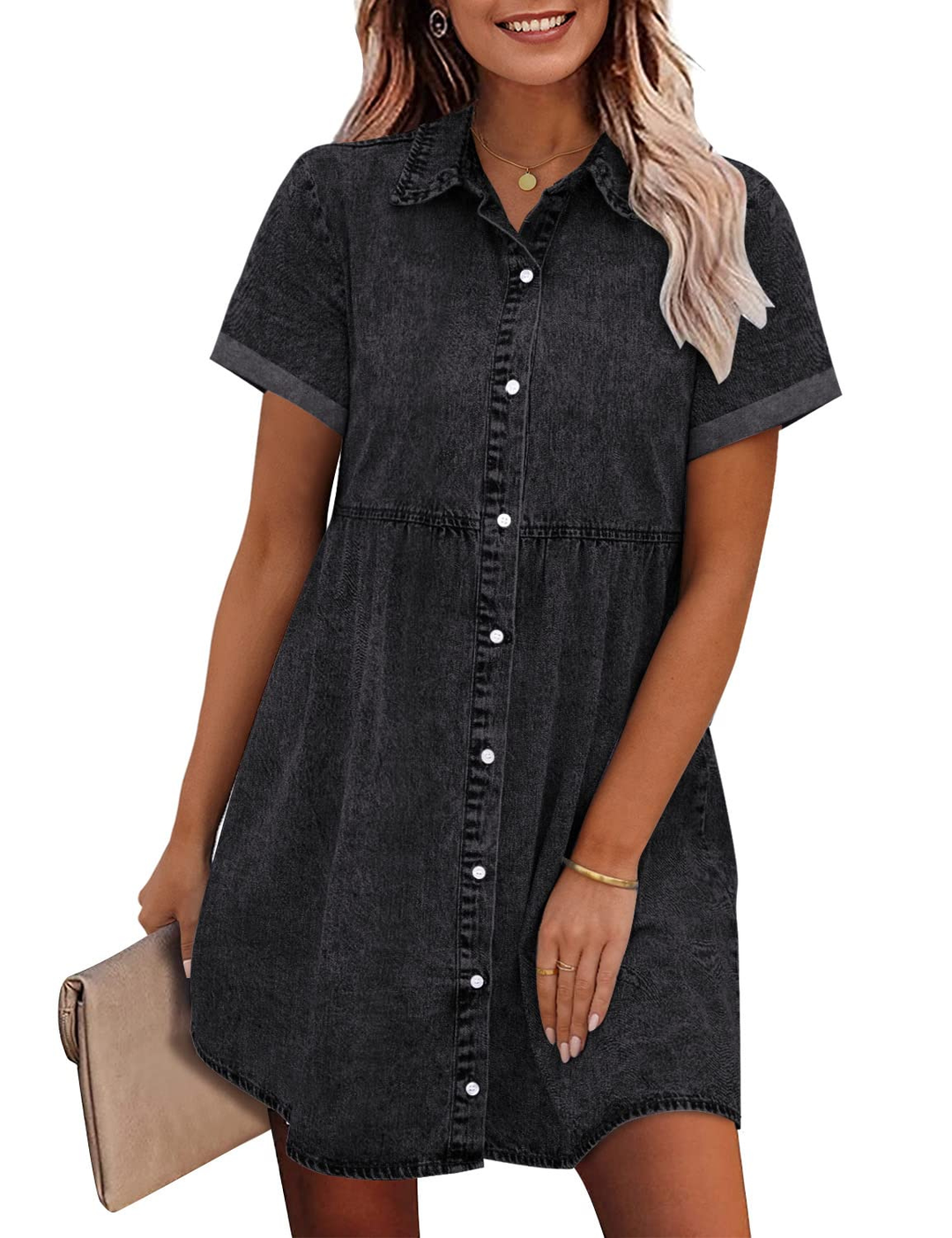Sienna | Women's Denim Button-Down Babydoll Mini Dress Casual