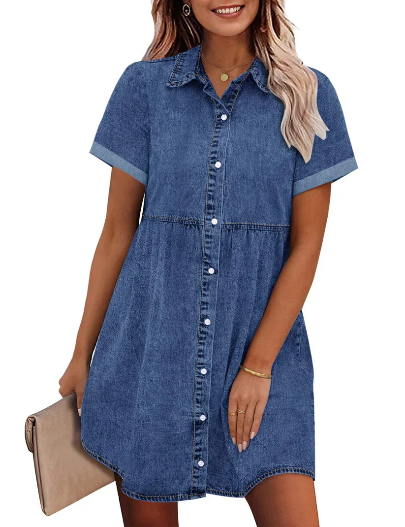 Sienna | Women's Denim Button-Down Babydoll Mini Dress Casual