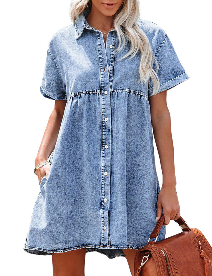 Sienna | Women's Denim Button-Down Babydoll Mini Dress Casual