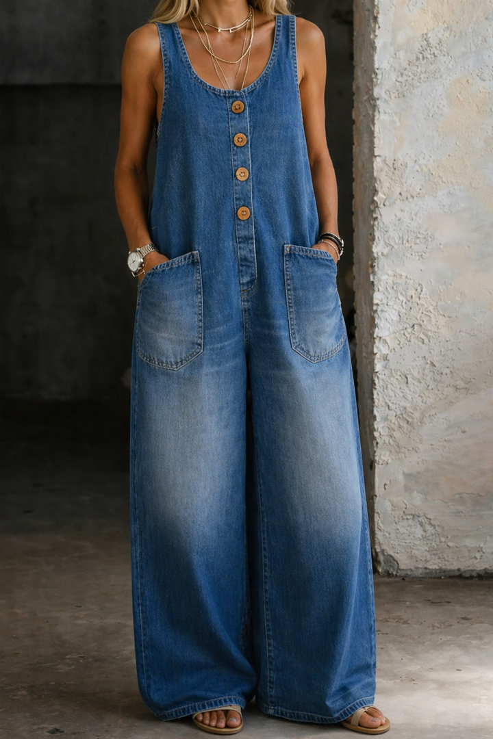 Sienna | Women's Denim Sleeveless Wide Leg Jumpsuit
