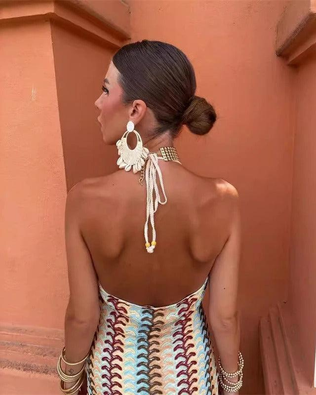 Sienna | Women's Stretch Knit Stripe Halter Neck Maxi Dress