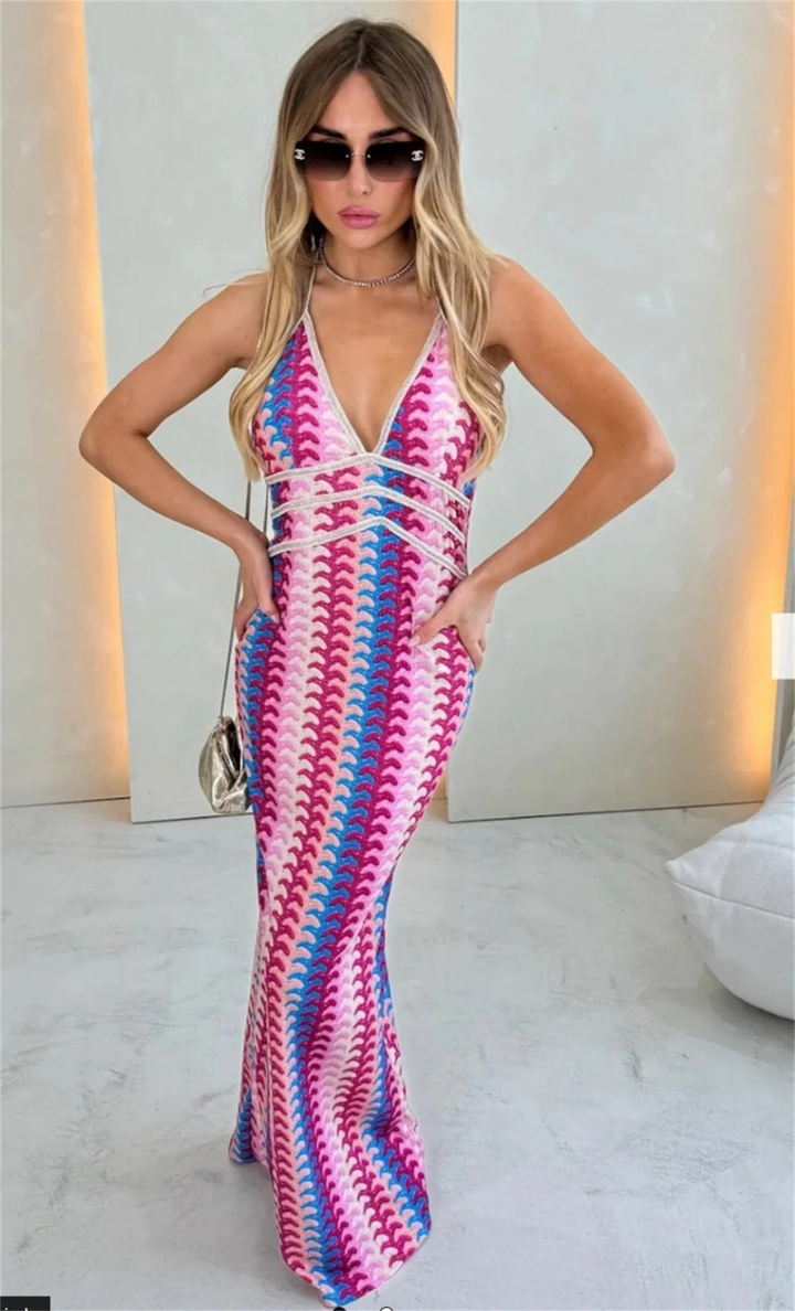 Sienna | Women's Stretch Knit Stripe Halter Neck Maxi Dress