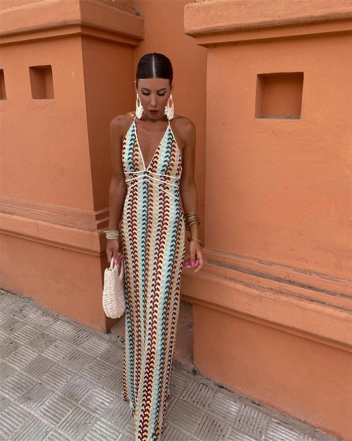 Sienna | Women's Stretch Knit Stripe Halter Neck Maxi Dress