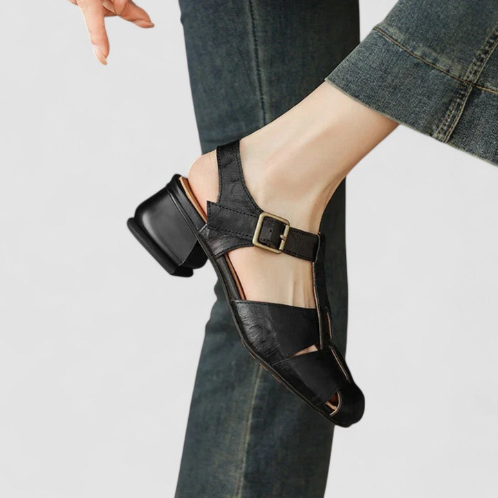 Sloane | Women's Leather Cutout Buckle Low Heel Sandals
