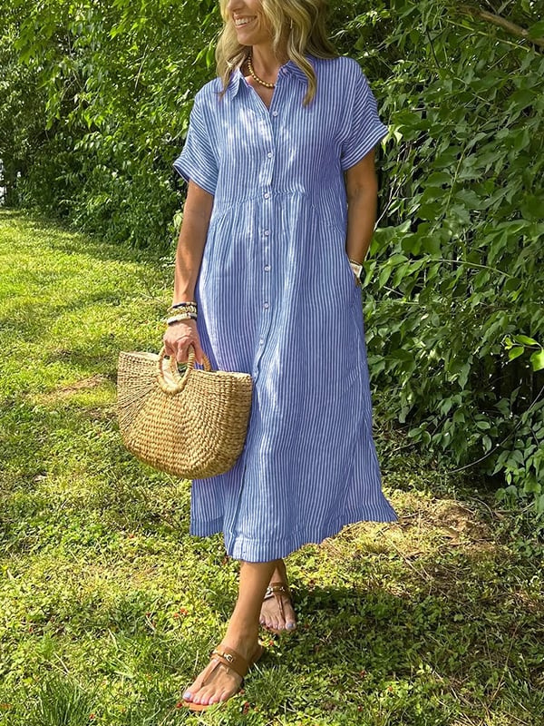 Sloane | Women's Linen Stripe Button-Down Short Sleeve Midi Dress