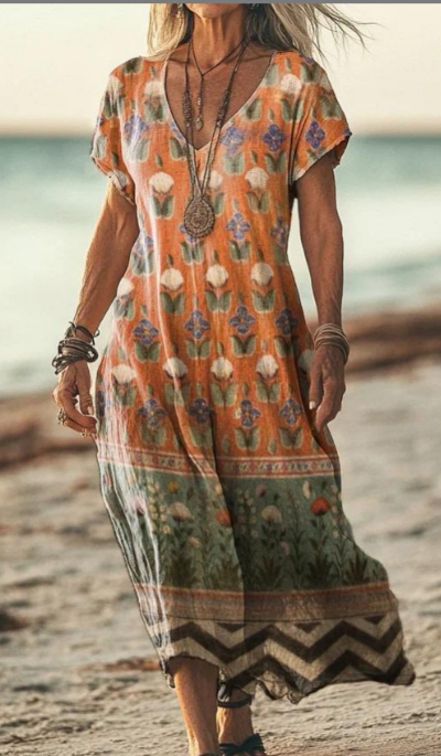 Soleil | Women's Cotton Printed V-Neck Maxi Dress