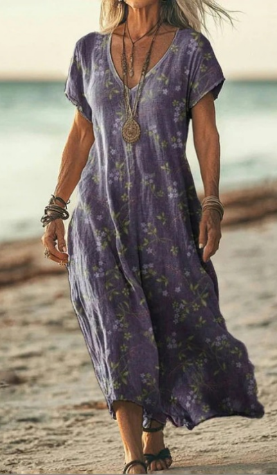Soleil | Women's Cotton Printed V-Neck Maxi Dress