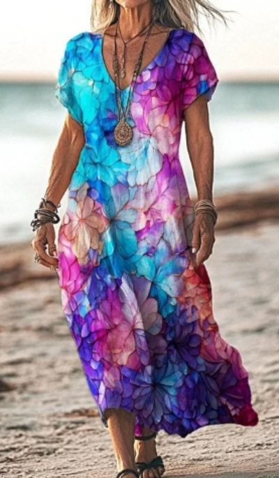 Soleil | Women's Cotton Printed V-Neck Maxi Dress