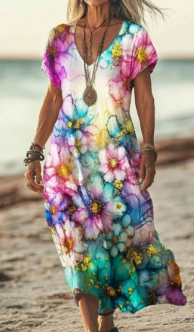 Soleil | Women's Cotton Printed V-Neck Maxi Dress