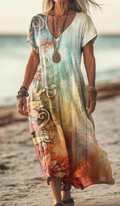 Soleil | Women's Cotton Printed V-Neck Maxi Dress