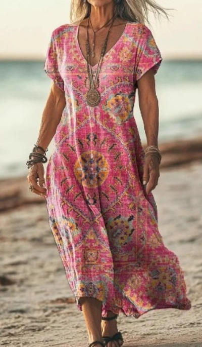 Soleil | Women's Cotton Printed V-Neck Maxi Dress