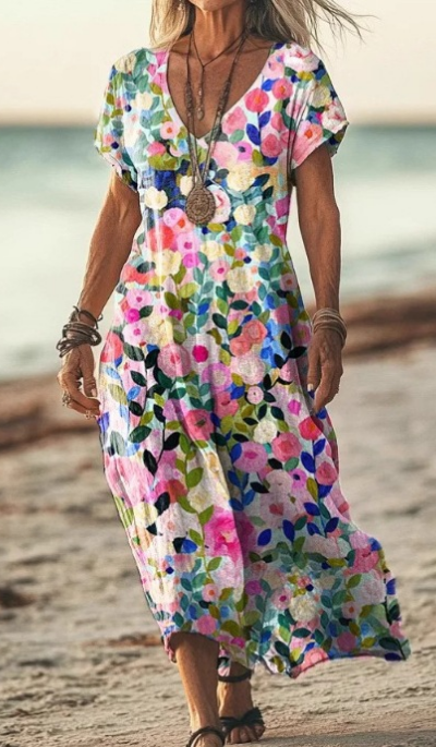 Soleil | Women's Cotton Printed V-Neck Maxi Dress