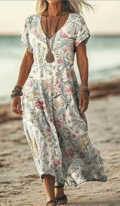 Soleil | Women's Cotton Printed V-Neck Maxi Dress