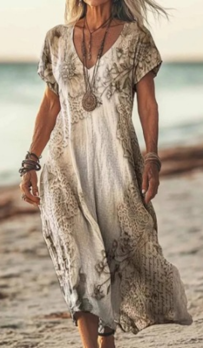 Soleil | Women's Cotton Printed V-Neck Maxi Dress