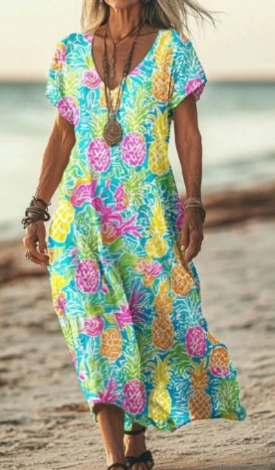 Soleil | Women's Cotton Printed V-Neck Maxi Dress