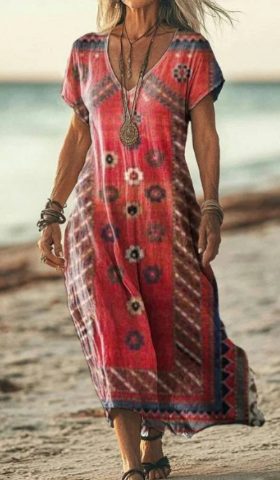 Soleil | Women's Cotton Printed V-Neck Maxi Dress