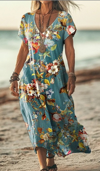 Soleil | Women's Cotton Printed V-Neck Maxi Dress