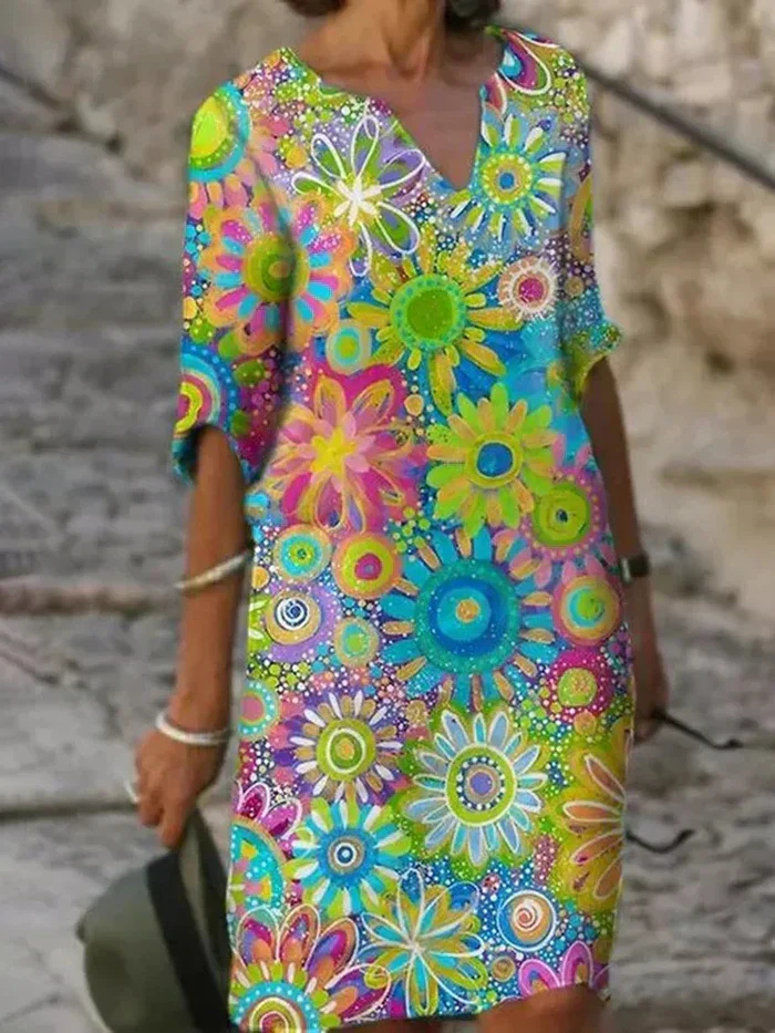Soleil | Women's Cotton Vibrant Floral V-Neck Midi Dress