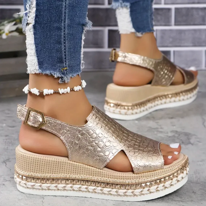 Solene | Women's Leather Croc Embossed Espadrille Platform Sandals
