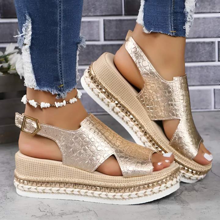 Solene | Women's Leather Croc Embossed Espadrille Platform Sandals
