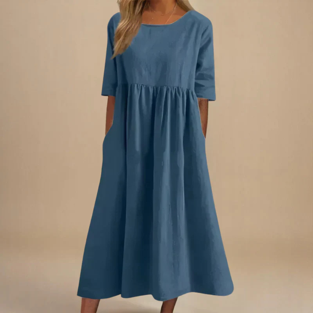 Solene | Women's Linen Gathered Waist Half-Sleeve Midi Dress