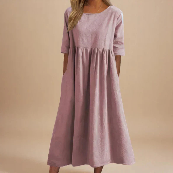 Solene | Women's Linen Gathered Waist Half-Sleeve Midi Dress
