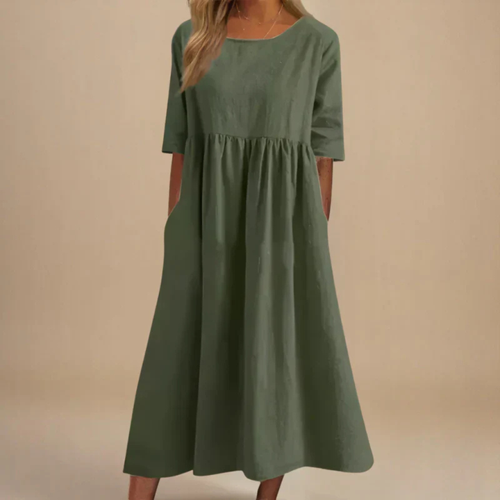 Solene | Women's Linen Gathered Waist Half-Sleeve Midi Dress