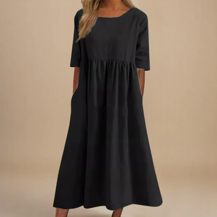 Solene | Women's Linen Gathered Waist Half-Sleeve Midi Dress
