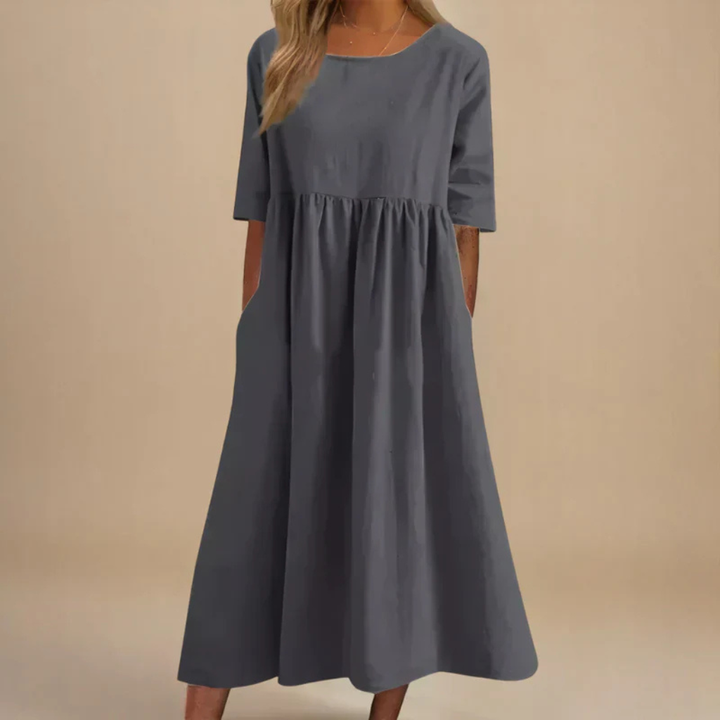 Solene | Women's Linen Gathered Waist Half-Sleeve Midi Dress