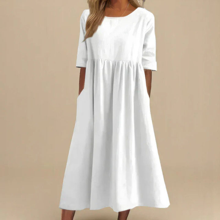Solene | Women's Linen Gathered Waist Half-Sleeve Midi Dress