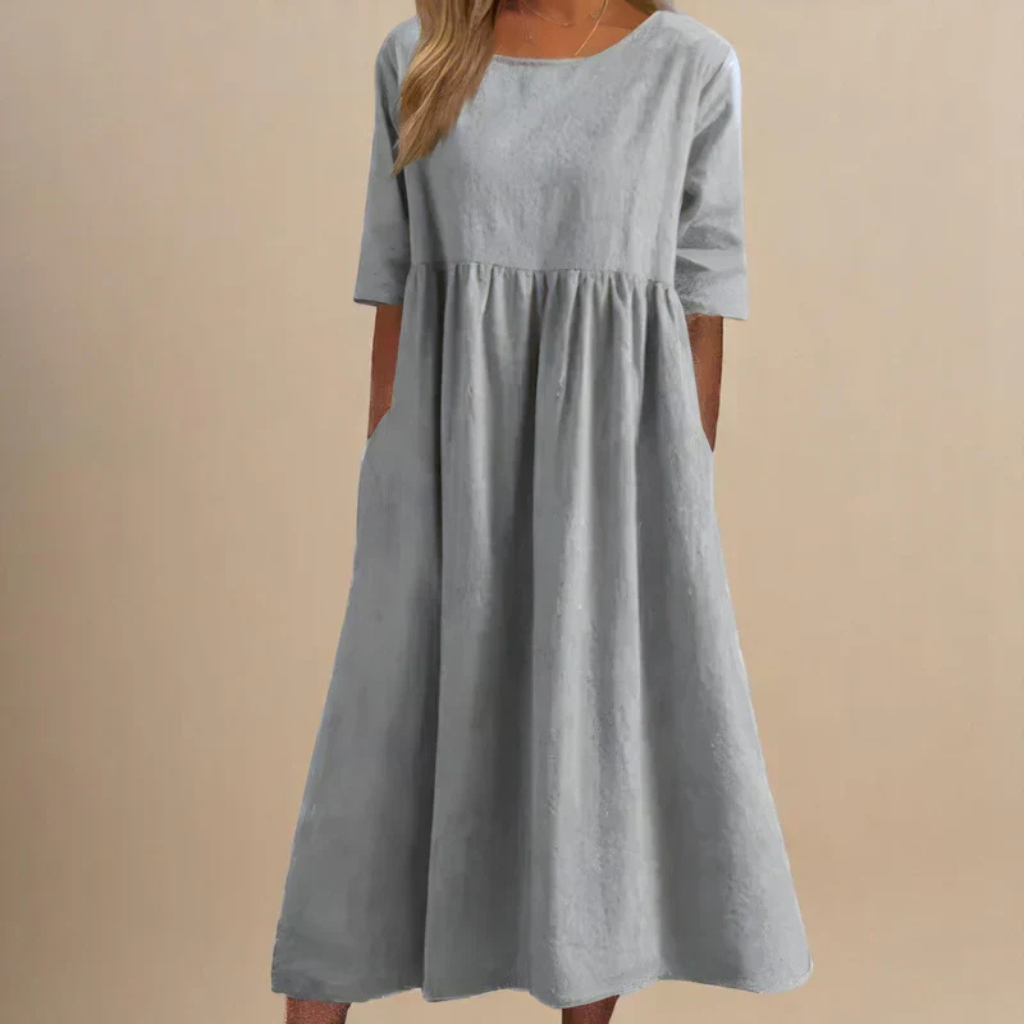 Solene | Women's Linen Gathered Waist Half-Sleeve Midi Dress