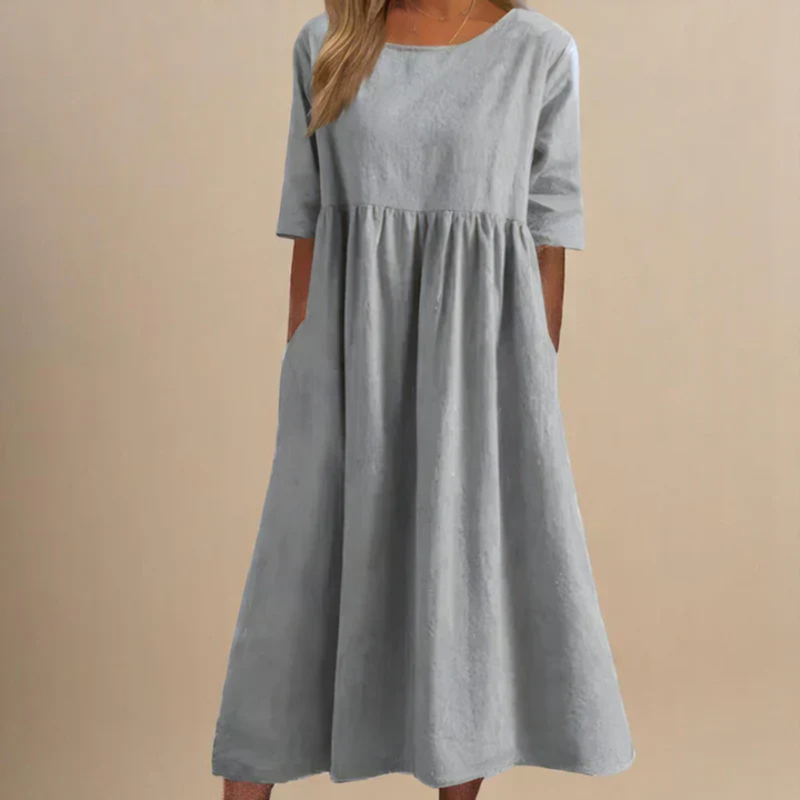 Solene | Women's Linen Gathered Waist Half-Sleeve Midi Dress