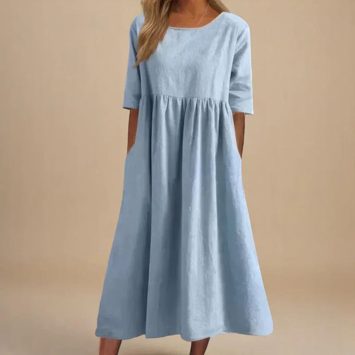 Solene | Women's Linen Gathered Waist Half-Sleeve Midi Dress