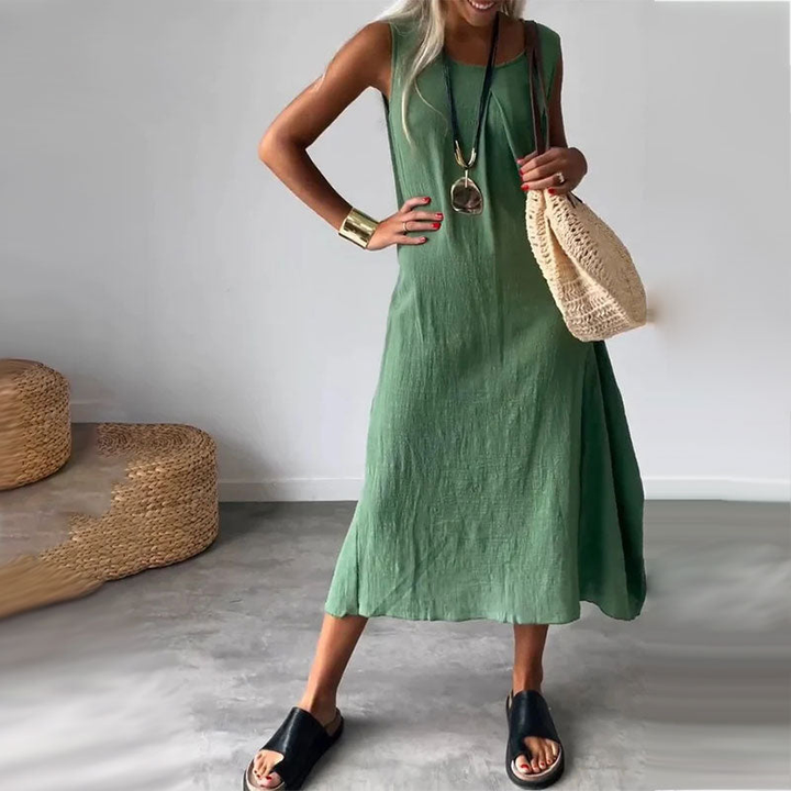 Solene | Women's Linen Sleeveless Relaxed Midi Dress