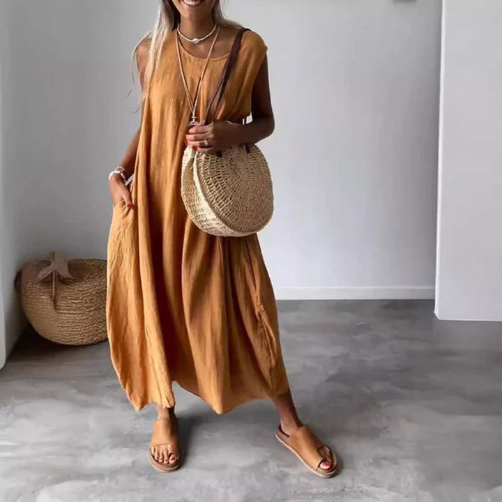 Solene | Women's Linen Sleeveless Relaxed Midi Dress