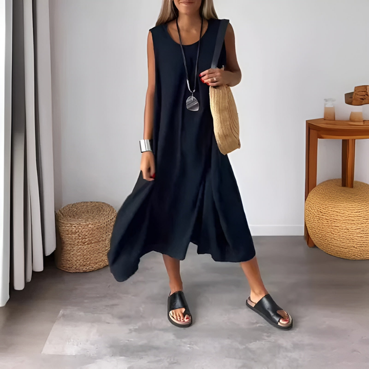 Solene | Women's Linen Sleeveless Relaxed Midi Dress