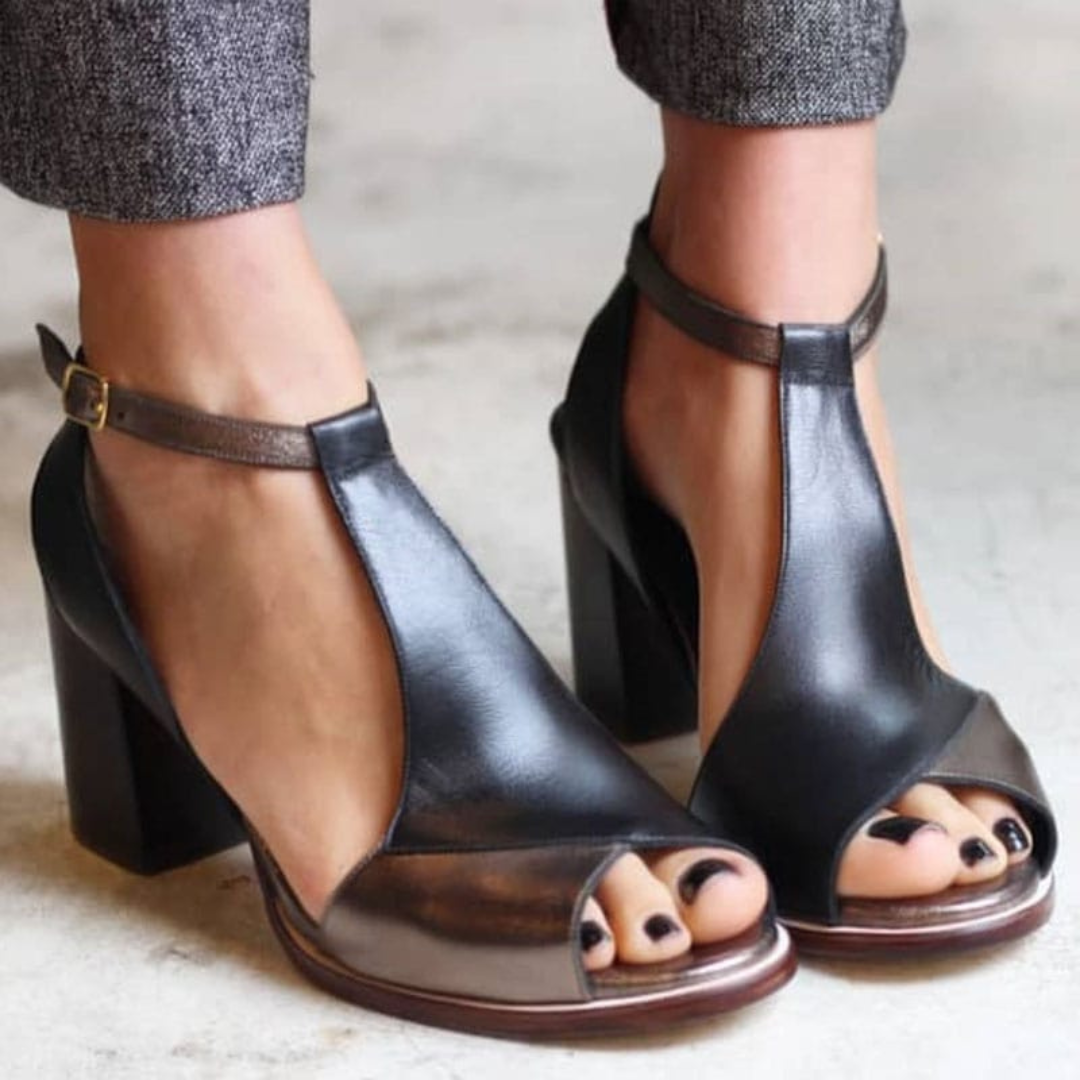 Soren | Women's Leather Peep-Toe Ankle Strap Block Heel Sandals