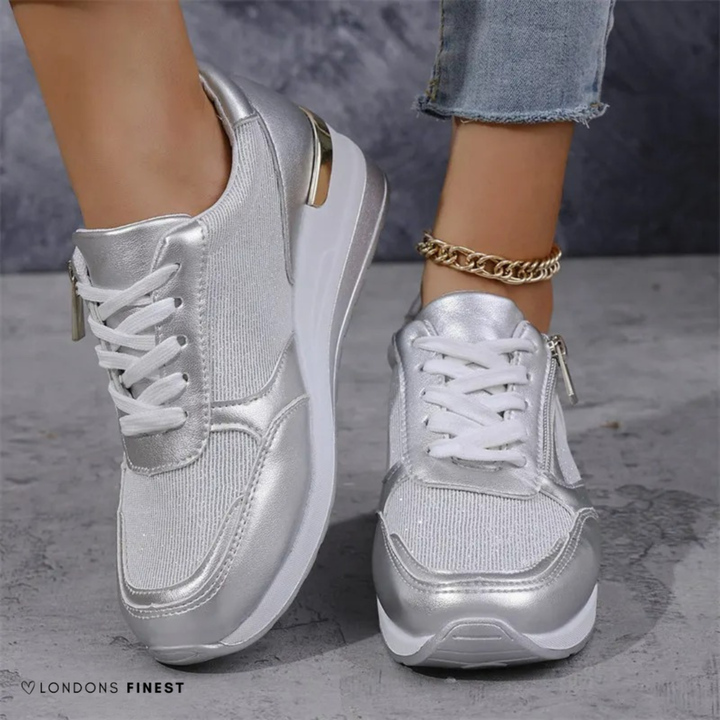 Sterling | Women's Leather Metallic Zip-Detail Wedge Sneakers