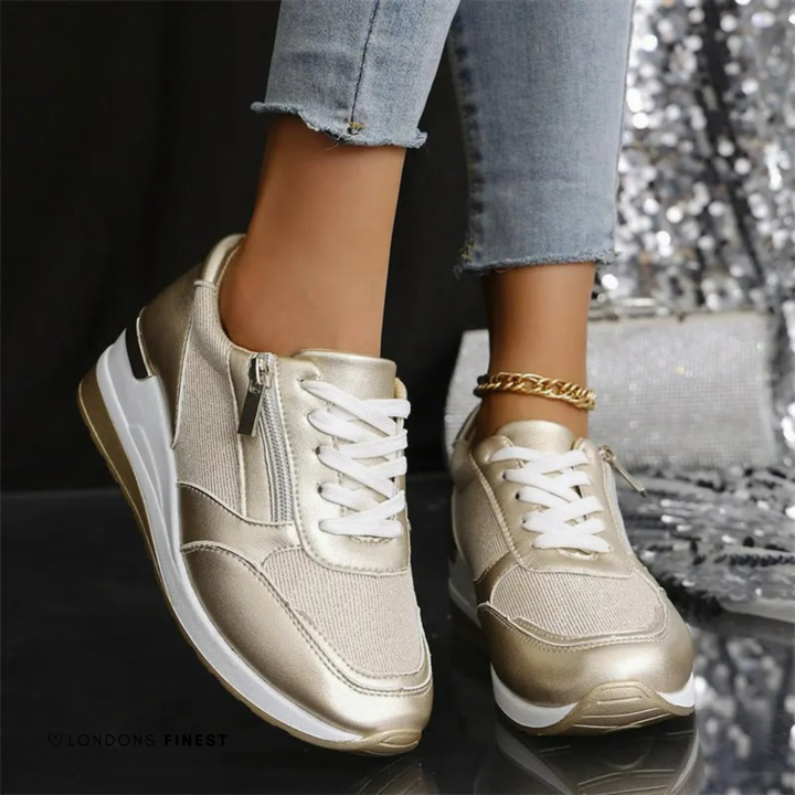 Sterling | Women's Leather Metallic Zip-Detail Wedge Sneakers